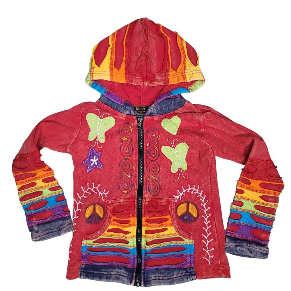 Rising International Kid Rainbow Patchwork Hoodie Jacket Peace Signs Butterflies